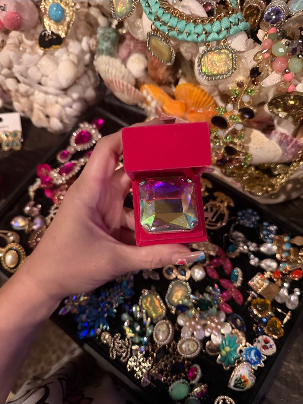Large Iridescent Square Crystal Ring